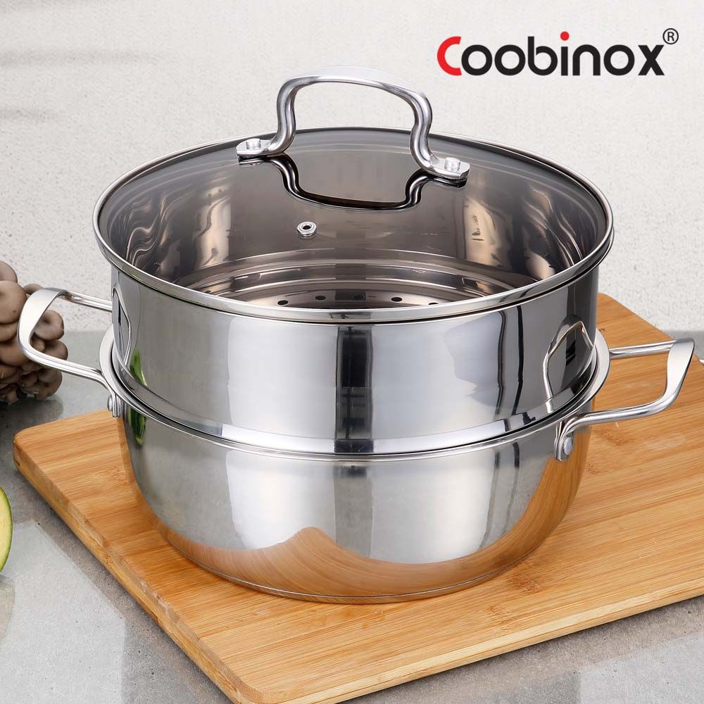 Coobinox® Daily Stainless Steel 2-in-1 Steamer & Hot Pot 27cm(CO-15-05) 3-Ply Capsule Base Induction Compatible with Brown Glass Lid